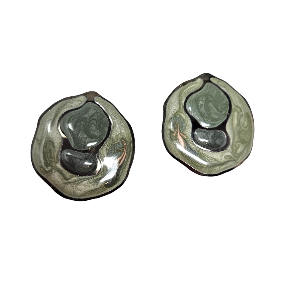 Vintage 80's Swirl Enamel Earrings Green Black Gold Pierced